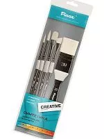 Набор кистей PINAX CREATIVE ассорти с флейцем СИНТЕТИКА белая, ручка короткая черная, 5 штук